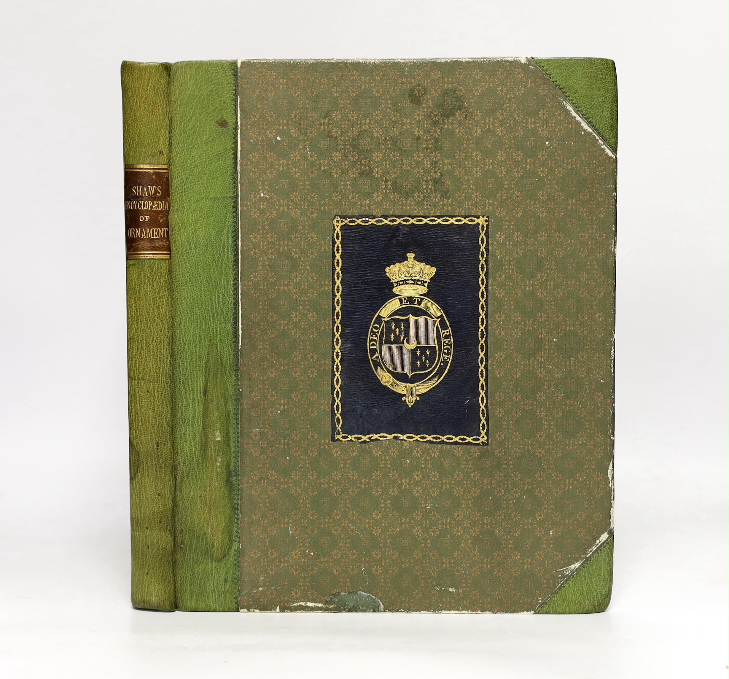 Shaw, Henry - The Encyclopedia of Ornament. First Edition. coloured pictorial title and 59 other plates (5 coloured); later 19th cent. green half morocco and patterned boards, maroon spine label and gilt armorial device